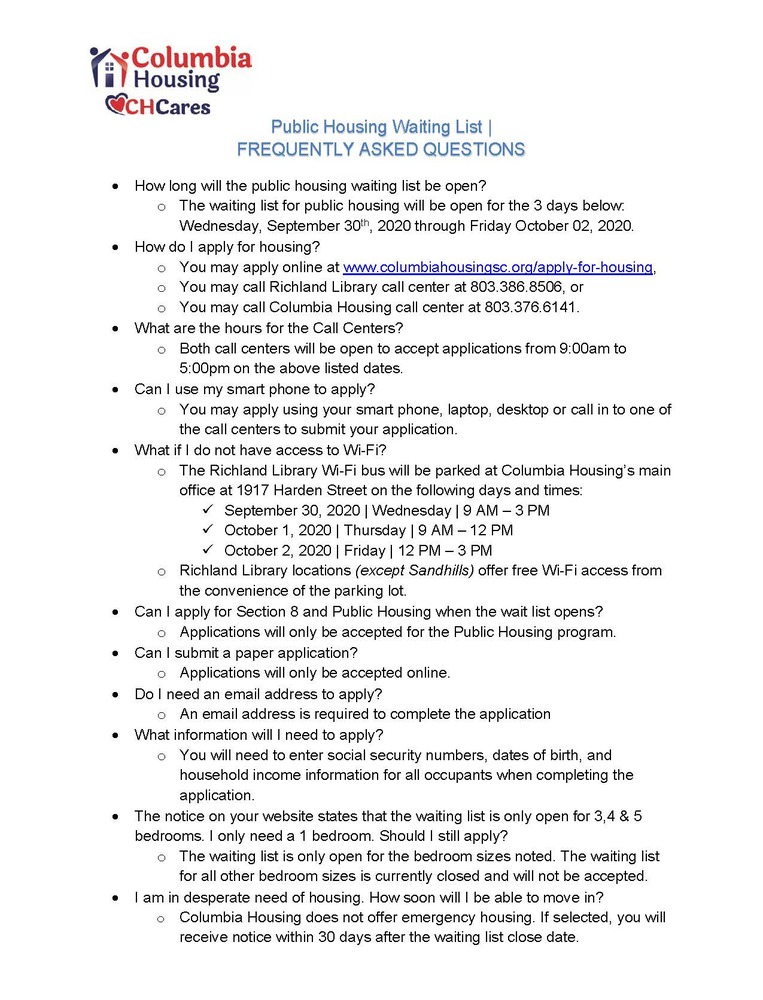 Frequently asked questions about public housing wait list opening