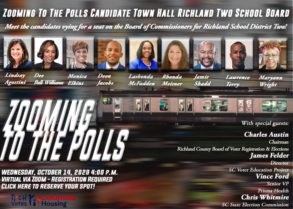 Zooming to the Polls October 14, 2020. Richland 2 School Board Candidates virtual forum. 4pm via zoom.