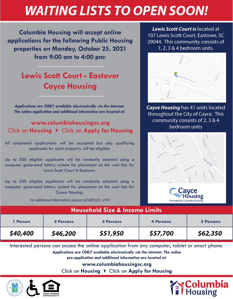 Apply for housing at Lewis Scott Court and Cayce Housing on Monday, October 25, 2021